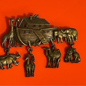 Gold Brush Metal Noah’s Ark Brooch by JJ